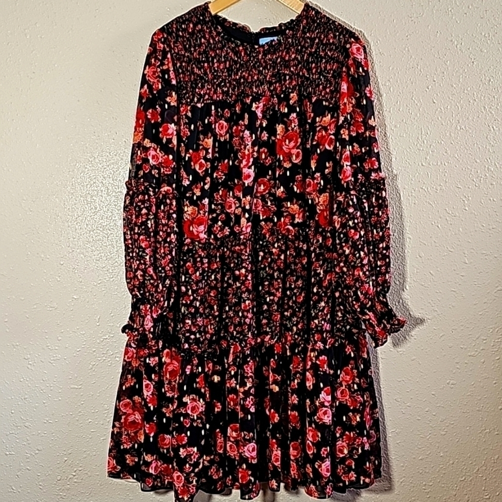 CeCe Floral Midi Dress in Black and Red